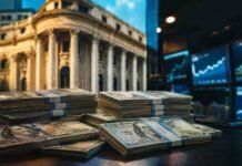 Las reservas superaron los USD 50.000 millones y el mercado sigue de cerca las tasas Pilas de fajos de dólares frente a un edificio financiero y pantallas de mercado, en una imagen ilustrativa sobre las reservas del BCRA y las tasas de interés.