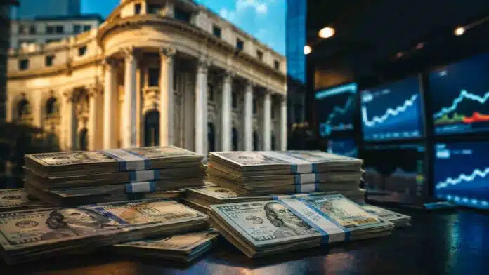 reservas-bcra-dolares-mercado-tasas Pilas de fajos de dólares frente a un edificio financiero y pantallas de mercado, en una imagen ilustrativa sobre las reservas del BCRA y las tasas de interés.