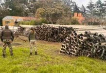 Golpe al campo en Balcarce: robaron 900 caños y nueve equipos de riego Policías rurales junto a caños y equipos de riego recuperados tras un robo en un establecimiento rural de Balcarce, Buenos Aires.