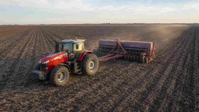 siembra-trigo-pampa-humeda-massey-super-walter Tractor Massey Ferguson con sembradora Super Walter durante la siembra de trigo en un campo de la Pampa Húmeda argentina.