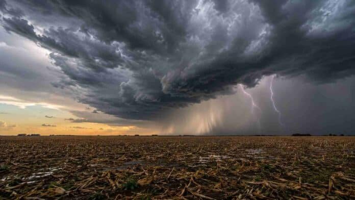 tormenta-avanza-campo-region-central-argentina Tormenta con cortina de lluvia y relámpagos avanzando sobre un campo agrícola de la región central de Argentina