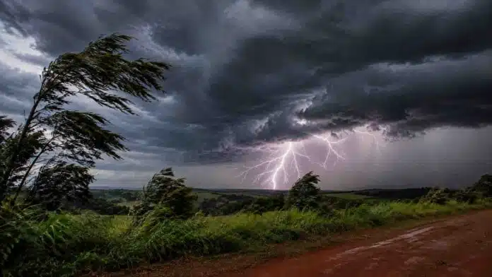 tormenta-electrica-campo-misiones-alerta-smn Tormenta eléctrica intensa sobre un paisaje rural, con relámpago potente, nubes oscuras, viento fuerte y camino de tierra en primer plano