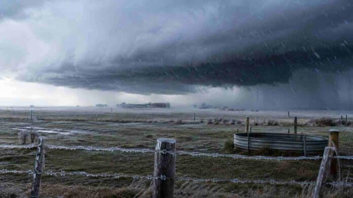 tormenta-fria-campo-heladas Tormenta fuerte con lluvia fría, ráfagas y escarcha sobre un campo de la región pampeana.