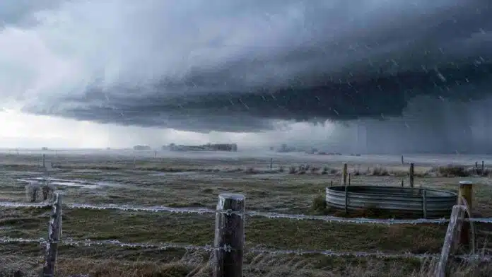Tormenta fuerte con lluvia fría, ráfagas y escarcha sobre un campo de la región pampeana.
