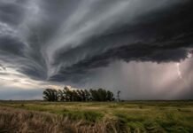 Pronóstico de tres días: tormentas, ráfagas y heladas en el centro del país Tormenta fuerte sobre un campo de la región pampeana, con nube de frente, cortina de lluvia, ráfagas de viento y relámpago a la derecha.
