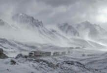 Nieve, viento y Zonda: el SMN alertó a ocho provincias Tormenta de nieve en la Cordillera de los Andes entre Mendoza y San Juan, con una fila de camiones detenidos por el temporal y un arriero con hacienda a la distancia.