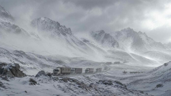 tormenta-nieve-cordillera-camiones-varados-mendoza-san-juan Tormenta de nieve en la Cordillera de los Andes entre Mendoza y San Juan, con una fila de camiones detenidos por el temporal y un arriero con hacienda a la distancia.