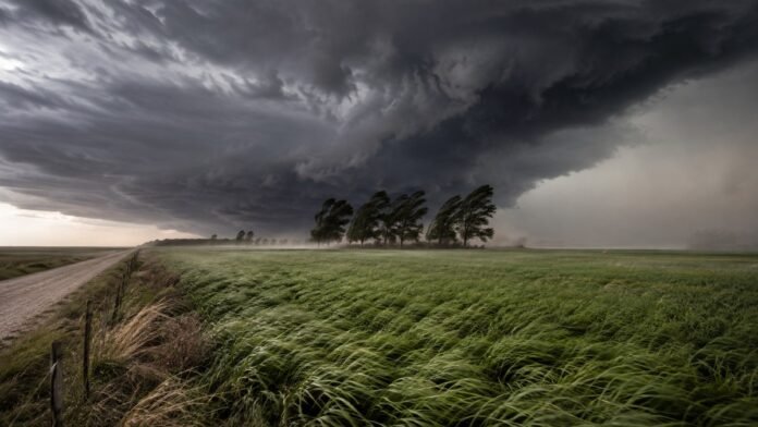 tormenta-severa-campo-viento-fuerte-1200x675 Tormenta severa avanza sobre un campo argentino con fuertes ráfagas de viento que doblan los cultivos y los árboles.