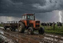 Tormentas fuertes afectan a Buenos Aires, Corrientes y Misiones: prevén granizo y hasta 40 mm Tractor antiguo con acoplado y tarros de leche circula por un camino rural embarrado durante una tormenta, junto a vacas Holando-Argentino.