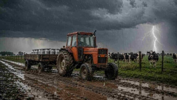 tormentas-campo-tractor-tambo-holando-argentino-ruralnet Tractor antiguo con acoplado y tarros de leche circula por un camino rural embarrado durante una tormenta, junto a vacas Holando-Argentino.