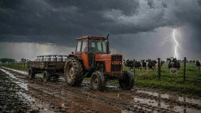 tormentas-campo-tractor-tambo-holando-argentino-ruralnet Tractor antiguo con acoplado y tarros de leche circula por un camino rural embarrado durante una tormenta, junto a vacas Holando-Argentino.