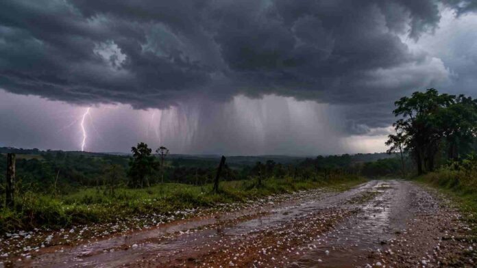tormentas-granizo-alerta-meteorologica-misiones ormenta fuerte con intensa lluvia, relámpagos y granizo sobre un paisaje rural del norte de Misiones.