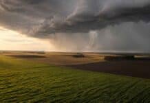 Dónde habrá tormentas del jueves 27 al sábado 29 Frente de tormenta con una cortina de lluvia avanzando sobre lotes agrícolas del centro de la Argentina