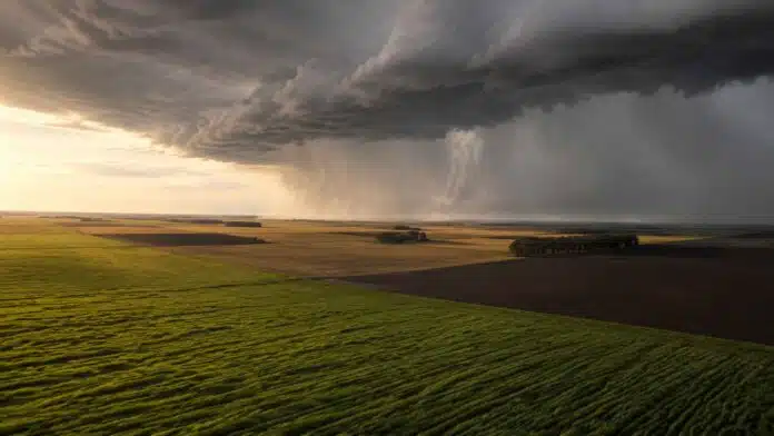 Frente de tormenta con una cortina de lluvia avanzando sobre lotes agrícolas del centro de la Argentina