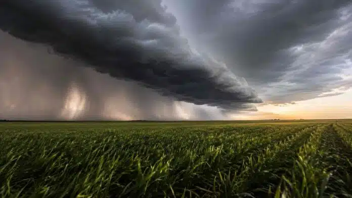tormentas-region-central-pronostico-agropecuario. Enorme nube arcus con cortinas de lluvia avanzando sobre un cultivo de trigo en la región central argentina.