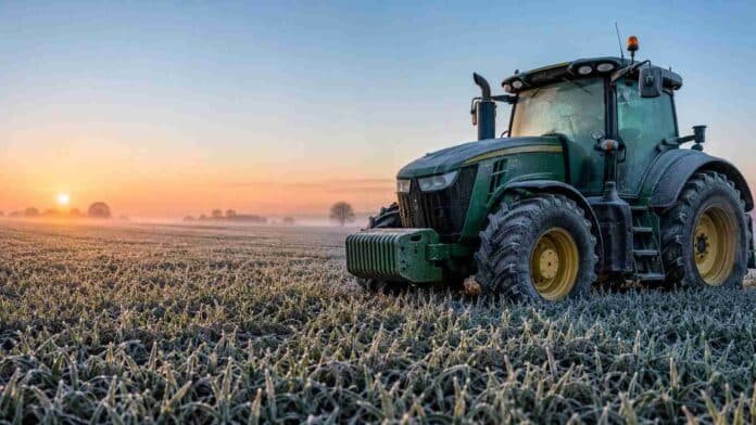 tractor-escarcha-helada-campo-pampeano Tractor agrícola cubierto de escarcha junto a un lote con helada al amanecer en la región pampeana argentina