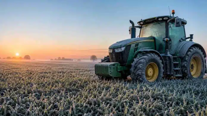 tractor-escarcha-helada-campo-pampeano Tractor agrícola cubierto de escarcha junto a un lote con helada al amanecer en la región pampeana argentina