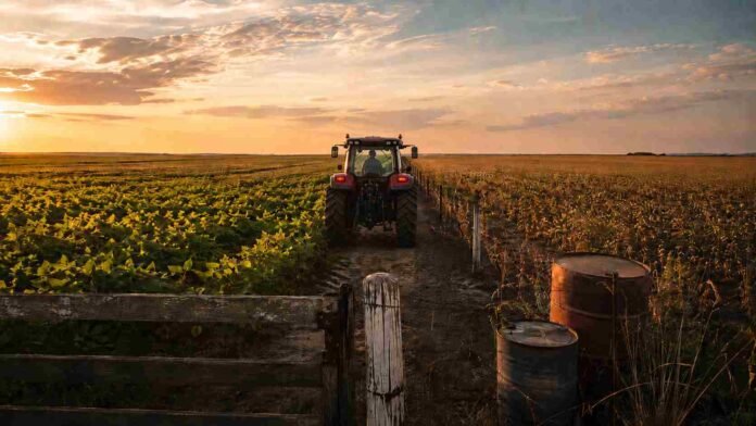 Tractor Massey Ferguson moderno con cabina avanza hacia el horizonte por un camino rural entre un cultivo verde y otro más seco, al atardecer.