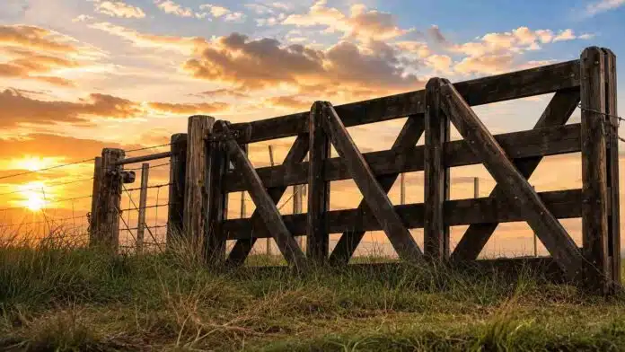 tranquera-rural-amanecer-campo-argentino Tranquera de madera en un campo rural al amanecer, con cielo de tonos naranjas y dorados