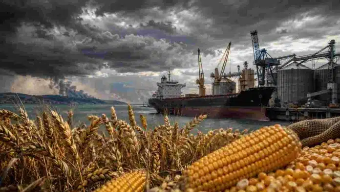 trigo-maiz-puerto-mar-negro-chicago Espigas de trigo y maíz en primer plano frente a un puerto exportador bajo un cielo tormentoso, en alusión al impacto del conflicto en la región del Mar Negro sobre los precios agrícolas.