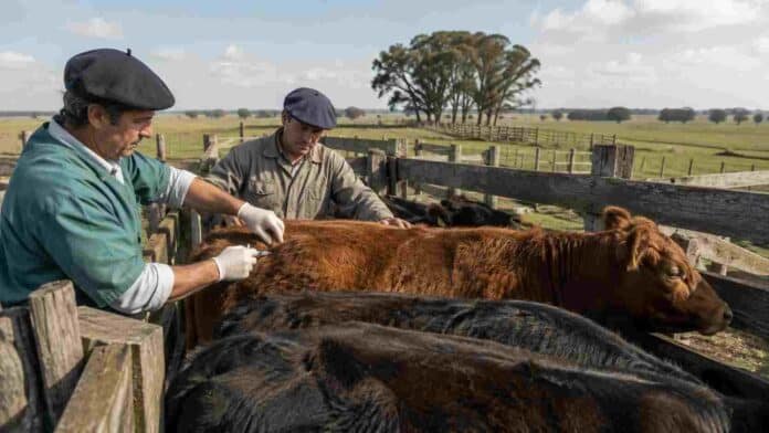 vacunacion-antiaftosa-ganado-buenos-aires Veterinario aplica una vacuna a bovinos en un establecimiento ganadero de Buenos Aires durante una campaña sanitaria.
