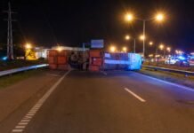 Volcó un camión con ganado en Circunvalación de Rosario y detuvieron a cinco personas por faenar vacas Camión jaula volcado sobre una ruta durante la noche, con presencia de vehículos de emergencia en el lugar.