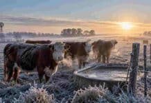 Alerta por frío extremo en 8 provincias: Tucumán queda completamente bajo aviso Ganado bovino en un campo cubierto por helada durante una mañana de frío extremo, con escarcha, bebedero congelado y bajas temperaturas.