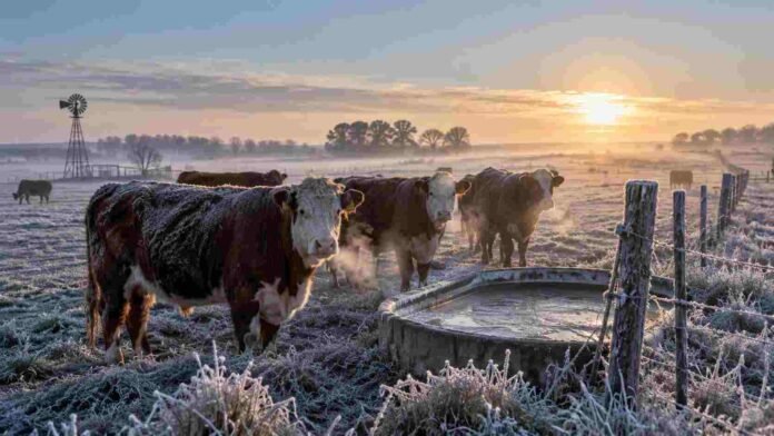 alerta-frio-extremo-ganado-helada-campo-compressed Ganado bovino en un campo cubierto por helada durante una mañana de frío extremo, con escarcha, bebedero congelado y bajas temperaturas.