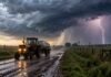 Alerta meteorológica: tormentas, granizo, viento y nieve afectan a 11 provincias Tractor antiguo con cabina transportando un tanque de leche por un camino rural mojado durante una tormenta con relámpagos