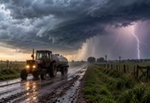 Alerta meteorológica: tormentas, granizo, viento y nieve afectan a 11 provincias Tractor antiguo con cabina transportando un tanque de leche por un camino rural mojado durante una tormenta con relámpagos