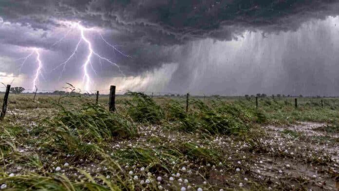 Tormenta severa en un campo del NEA con fuertes relámpagos, granizo, ráfagas intensas y cortina de lluvia avanzando sobre un entorno rural.