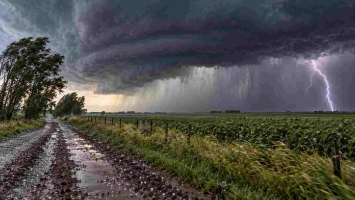 Tormenta severa con lluvias intensas, viento fuerte y actividad eléctrica sobre una zona rural bajo alerta naranja.
