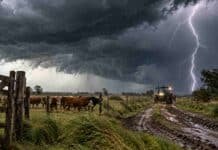 Alerta por tormentas: avanzan lluvias de hasta 50 mm con granizo en Entre Ríos Tormenta eléctrica sobre un campo rural de Entre Ríos, con un relámpago, camino embarrado, tractor y ganado bajo cielo oscuro.