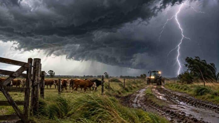 Tormenta eléctrica sobre un campo rural de Entre Ríos, con un relámpago, camino embarrado, tractor y ganado bajo cielo oscuro.