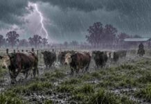 Del frío a la inestabilidad: el pronóstico anticipa heladas, ráfagas y lluvias aisladas Arreo de ganado en un campo rural mojado bajo lluvia intensa, con relámpago al fondo, cielo de tormenta y barro en primer plano.