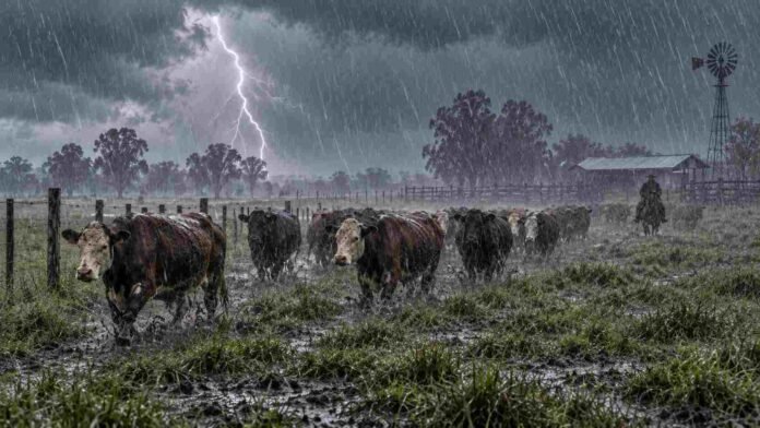 Arreo de ganado en un campo rural mojado bajo lluvia intensa, con relámpago al fondo, cielo de tormenta y barro en primer plano.