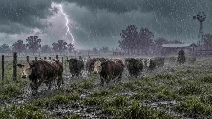 Arreo de ganado en un campo rural mojado bajo lluvia intensa, con relámpago al fondo, cielo de tormenta y barro en primer plano.