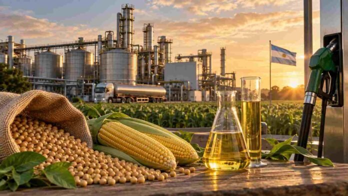 biocombustibles-argentina-soja-mai Producción de biocombustibles en Argentina a partir de soja y maíz, con planta industrial, materias primas agrícolas y combustible procesado.