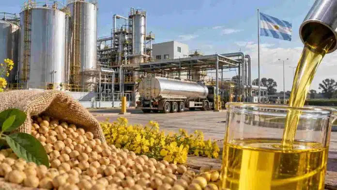 biodiesel-argentina-soja-planta-industrial Producción de biodiésel a partir de soja en una planta industrial argentina, con tanques de almacenamiento y combustible procesado.