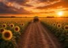 Las lluvias complican el girasol: hay lotes para resembrar en Santa Fe y demoras en Entre Ríos Tractor Valtra avanzando hacia el horizonte por un camino ancho en medio de un campo de girasoles, con cielo naranja de atardecer.