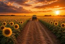 Las lluvias complican el girasol: hay lotes para resembrar en Santa Fe y demoras en Entre Ríos Tractor Valtra avanzando hacia el horizonte por un camino ancho en medio de un campo de girasoles, con cielo naranja de atardecer.