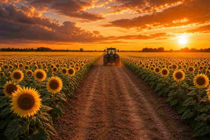Tractor Valtra avanzando hacia el horizonte por un camino ancho en medio de un campo de girasoles, con cielo naranja de atardecer.