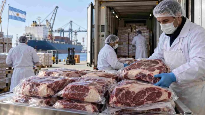 carne-argentina-exportacion-puerto Operarios manipulan cortes de carne vacuna envasados al vacío en una terminal portuaria, listos para exportación, con un buque de carga al fondo.