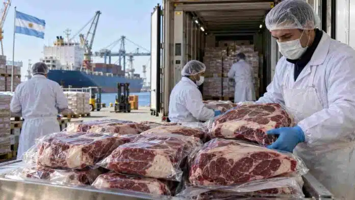Operarios manipulan cortes de carne vacuna envasados al vacío en una terminal portuaria, listos para exportación, con un buque de carga al fondo.