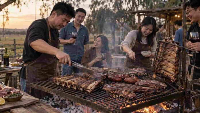 carne-vacuna-argentina-asado-china Personas chinas preparando un asado al estilo argentino con distintos cortes de carne vacuna cocinándose sobre una parrilla.