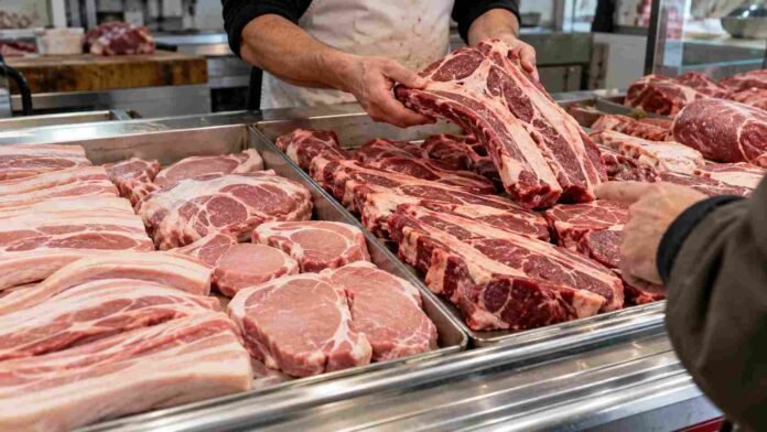 Mostrador de carnicería con cortes de carne vacuna y porcina, en una escena que refleja la comparación de precios entre ambas proteínas.