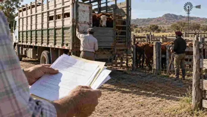 Productores preparan documentación para el traslado de hacienda durante la carga de vacunos en un establecimiento ganadero de Córdoba.