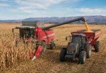 El maíz fue el principal motor de las exportaciones de Córdoba Cosecha de maíz en Córdoba con cosechadora Massey Ferguson descargando granos en una tolva Ascanelli tirada por un tractor Valtra, con las Sierras de Córdoba al fondo.