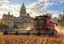 El agro busca instalar en el Presupuesto 2027 el debate por los “impuestos ocultos” que van más allá de las retenciones Cosechadora roja trabajando sobre un lote de soja con el Congreso de la Nación Argentina de fondo.