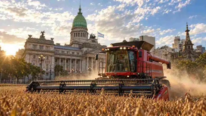 Cosechadora roja trabajando sobre un lote de soja con el Congreso de la Nación Argentina de fondo.
